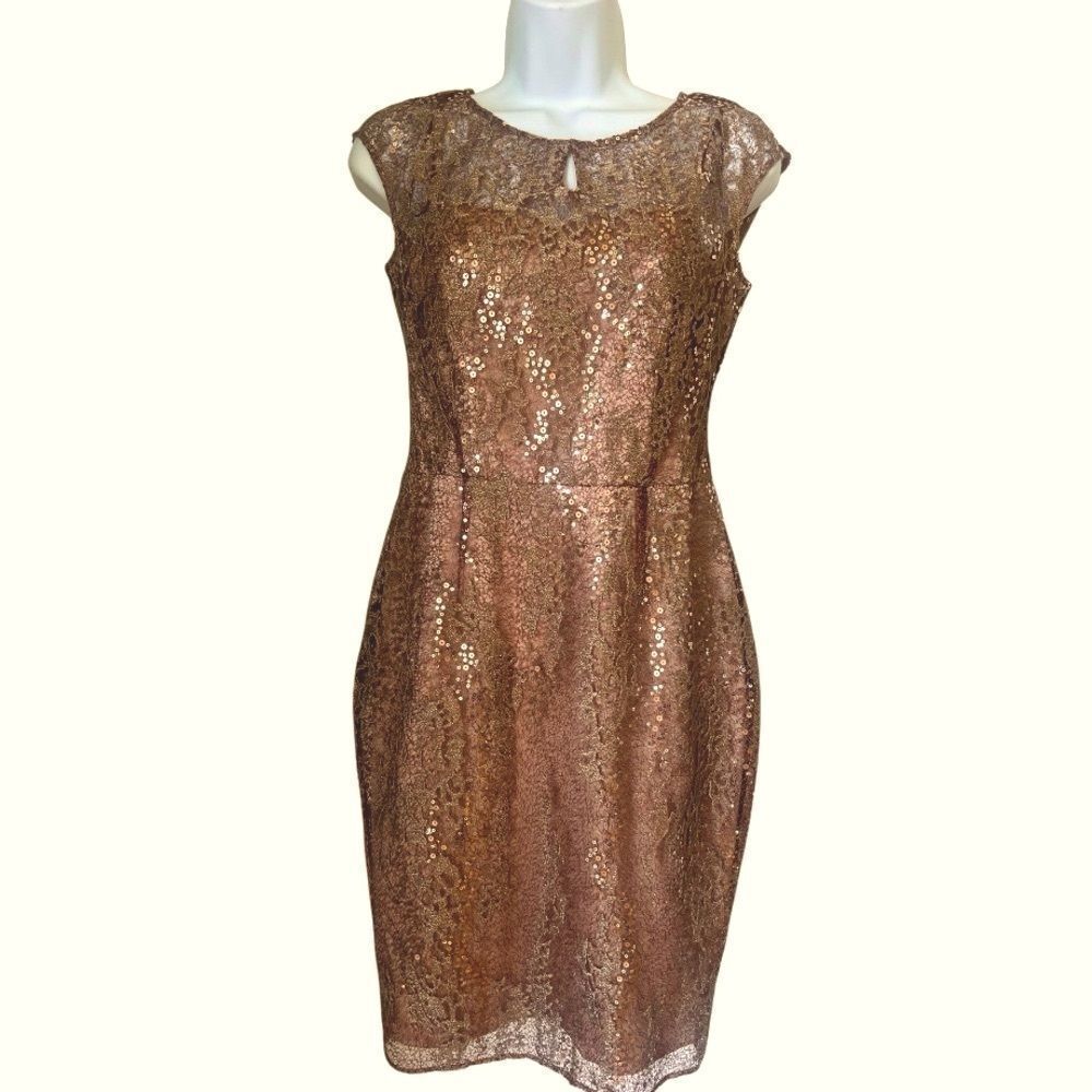 NWT Kay Unger Caramel Gold Sequin Mini Evening Cocktail  Sheath Sparkle Dress 2